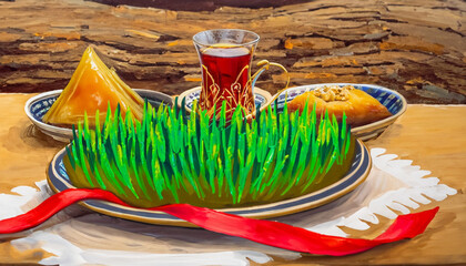 Novruz table setting with green samani wheat grass with red ribbon, dried fruits, sweet pastry and candles. Ethnic motives carpet in background, new year spring celebration in Azerbaijan, copy space