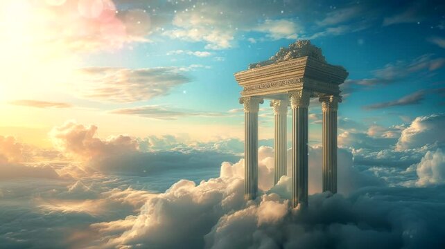 cene of pillars of heaven above the clouds, animated virtual repeating seamless 4k