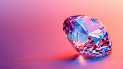 Fototapeta premium a pink and blue diamond sitting on top of a pink and purple surface with a light reflection on the side of the diamond.