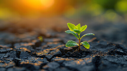 A single plant sprout growing out of dry, cracked earth.