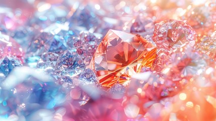 a close up of a pink diamond surrounded by blue and pink diamonds on a pink and blue background with a red diamond in the center of the image.