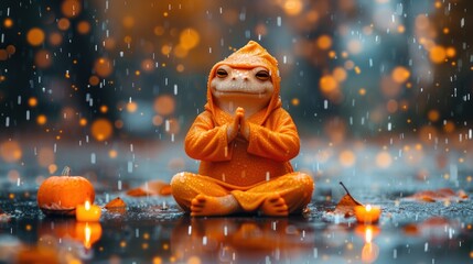 a small stuffed animal sitting on top of a wet ground next to a pile of oranges and lit candles.