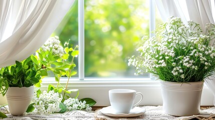 a window sill with a cup and saucer next to a potted plant and a cup on a saucer.