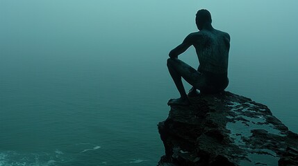 a man sitting on the edge of a cliff looking out over a body of water on a foggy day. - obrazy, fototapety, plakaty