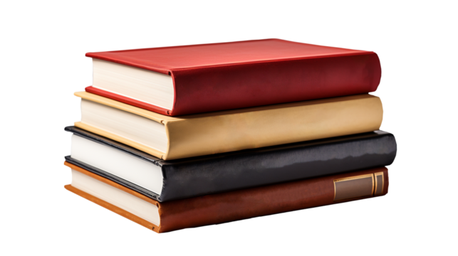 Books are stacked on a transparent background.