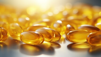 Fish oil omega 3 gel capsules on golden bokeh background.