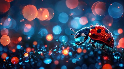 a ladybug sitting on top of a grass covered in drops of water on a blue and red background.