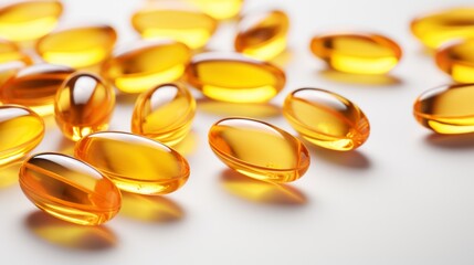 Fish oil omega 3 gel capsules on golden bokeh background.