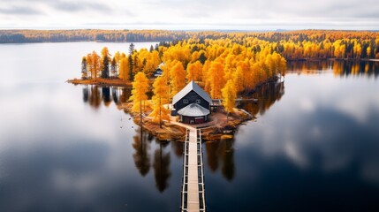 Aerial view of a yellow autumn forest with a house and a wooden pier on the Lake shore on a sunny...