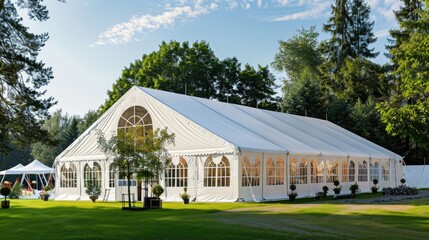 Obraz premium White wedding party took place outside in nature on the meadow. Generative ai.
