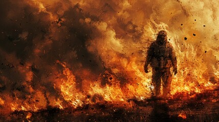 a man standing in front of a huge fire with lots of orange and yellow smoke coming out of his face.