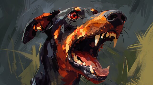 a painting of a dog with it's mouth open and it's mouth wide open with it's mouth wide open.