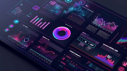 An HUD interface with a 3D balance sheet and business data charts 