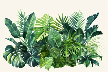 Zelfklevend Fotobehang Monstera Lush green leaves fill the frame, creating a vibrant nature background Artistic composition of an assortment of tropical plants with featuring different textures and shades of green, for a botanical 
