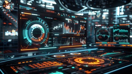 Obraz premium An HUD interface with a 3D balance sheet and business data charts 