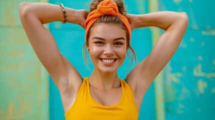 Smiling Young Woman in Yellow Tank Top with Orange Headband Against a Vibrant Turquoise Background Posing Playfully
