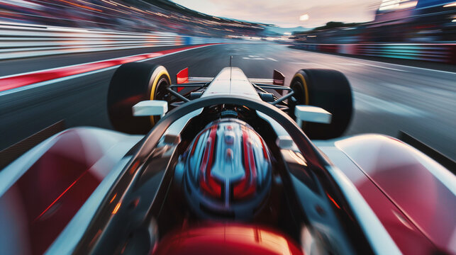race car formula 1 driver driving fast high speed in race track in motorsport challenge competition, with beautiful curve of circuit with high performance engine technology of motorsport