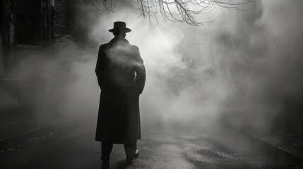 Mysterious Silhouetted Figure in Hat and Coat Amidst Foggy Noir Scene