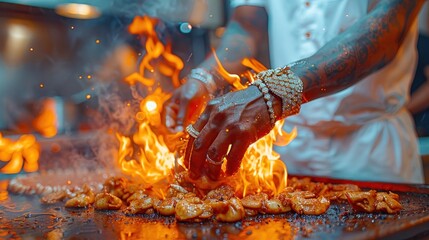 a close up of a person cooking food on a grill with flames coming out of the top of the grill.