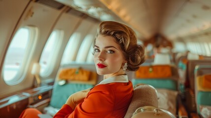 Elegant Vintage Woman in Red Dress Sitting Inside Retro Airplane Cabin with Sunlight