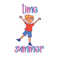 Composition of a children's poster, sticker, summer time, holidays for children, summer vacation, vacation, weekend. The inscription on the sticker is summer time, the child is happy, laughing, jumpin