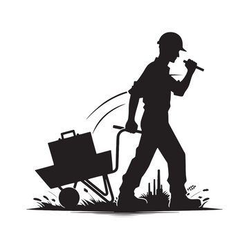 black silhouette worker pushing wheelbarrow clip art preview