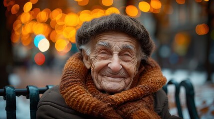 Obraz premium a close up of a person sitting on a bench wearing a scarf and a hat with lights in the background.