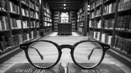 Black and White Photo of Eyeglasses on Open Book in Library with Shelves of Books in Background - Powered by Adobe