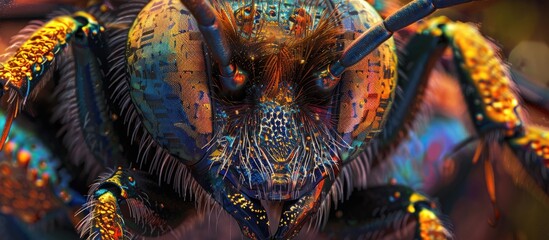 A detailed close-up of a colorful carpenter bee showcasing its intricate patterns and vibrant colors against a stark black background.