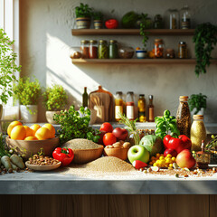 Sunlight brightens a kitchen shelf stocked with an assortment of organic fresh fruits, herbs, spices, and grains, promoting a healthy lifestyle..