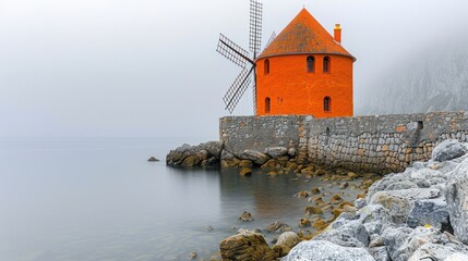 Fototapeta na wymiar a red building sitting on top of a rock wall next to a body of water with a windmill in the background.