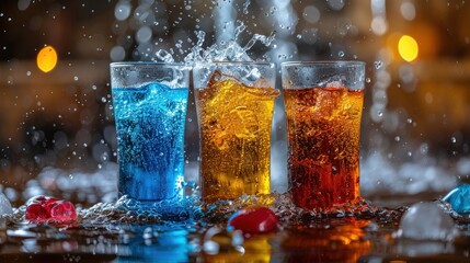 three glasses filled with different colored liquids on top of a table next to a glass filled with ice and water.