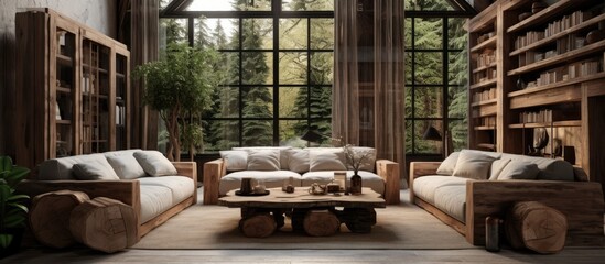 This image showcases a living room designed in a rustic eco style, featuring a plethora of wooden furniture. The room is filled with various wooden elements such as tables, chairs, shelves, and