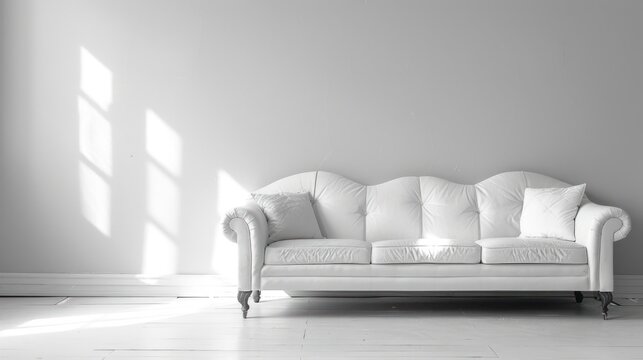 a white couch sitting in the middle of a room with a light coming in from a window on the wall.