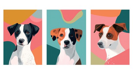 happy boho dog illustration collection set, minimal style artful wall art decor idea, summer cheerful and joyful vibe, Generative Ai