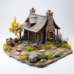Fototapeta premium Miniature of a small wooden house on a white background with flowers