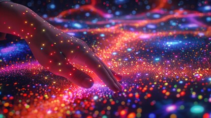 a person's hand reaching for a glowing object in the middle of a multicolored field of lights.
