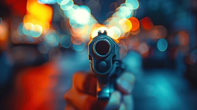 a close up of a gun in a person's hand with blurry city lights in the back ground.