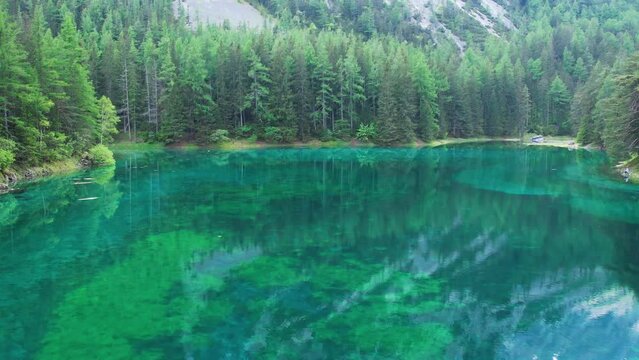 Aerial of Gruner See, beautiful green alpine lake with crystal clear water in spring, Gruner See, Styria, Austria, Europe