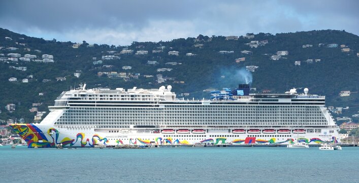 St Thomas, U.S Virgin Islands - February 21, 2024 - The Norwegian Encore cruiseship docked on the harbor