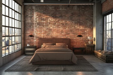 Bedroom interior with brick wall and window with city view.