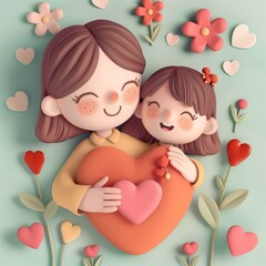 Fototapeta na wymiar Mother's Day love concept. A stylized illustration of a mother and daughter sharing a tender moment, surrounded by whimsical hearts and flowers on a soft green background.