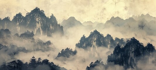 Mystical Chinese mountain landscape. An ethereal ink-wash illustration depicting towering mist-covered peaks and traditional pagodas amidst pine trees