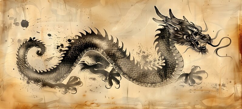 Traditional Chinese dragon illustration. A majestic black and white dragon coiling through an aged parchment background, symbolizing power and wisdom in East Asian culture.