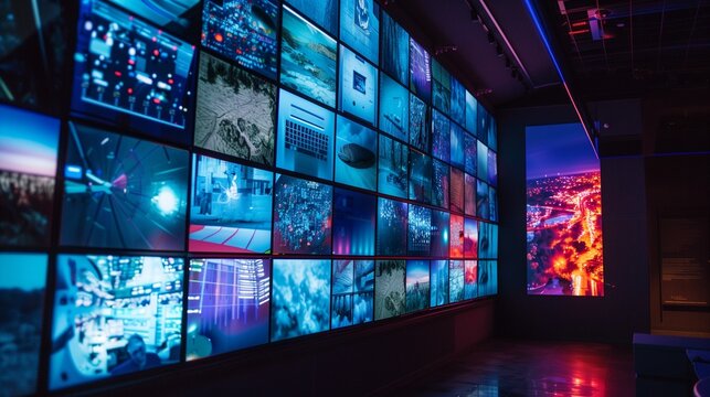 Control room with video wall. A modern surveillance room concept showing a large wall of screens displaying various urban and technological visuals in a dark, ambient setting.