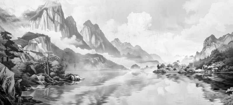 Ink wash landscape painting. A panoramic view of a tranquil Chinese lake surrounded by towering mountains and lush forests, reflecting on the water in shades of black and white.