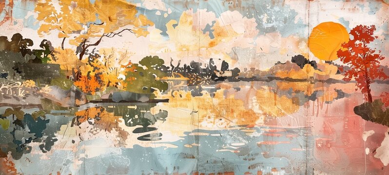 Abstract landscape collage. Artistic representation of a serene lake scene with autumnal trees and a setting sun in a warm color palette.
