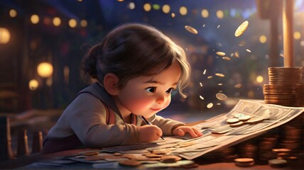 a little chibi girl satisfied counts her money and seems happy - obrazy, fototapety, plakaty