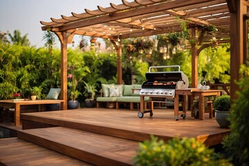 luxury wooden teak deck with BBQ grill and decor furniture. Side view of a wooden pergola in green garden with a sun flares in the background. - obrazy, fototapety, plakaty