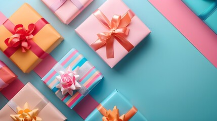 gift box with ribbon on blue background with text space for greeting